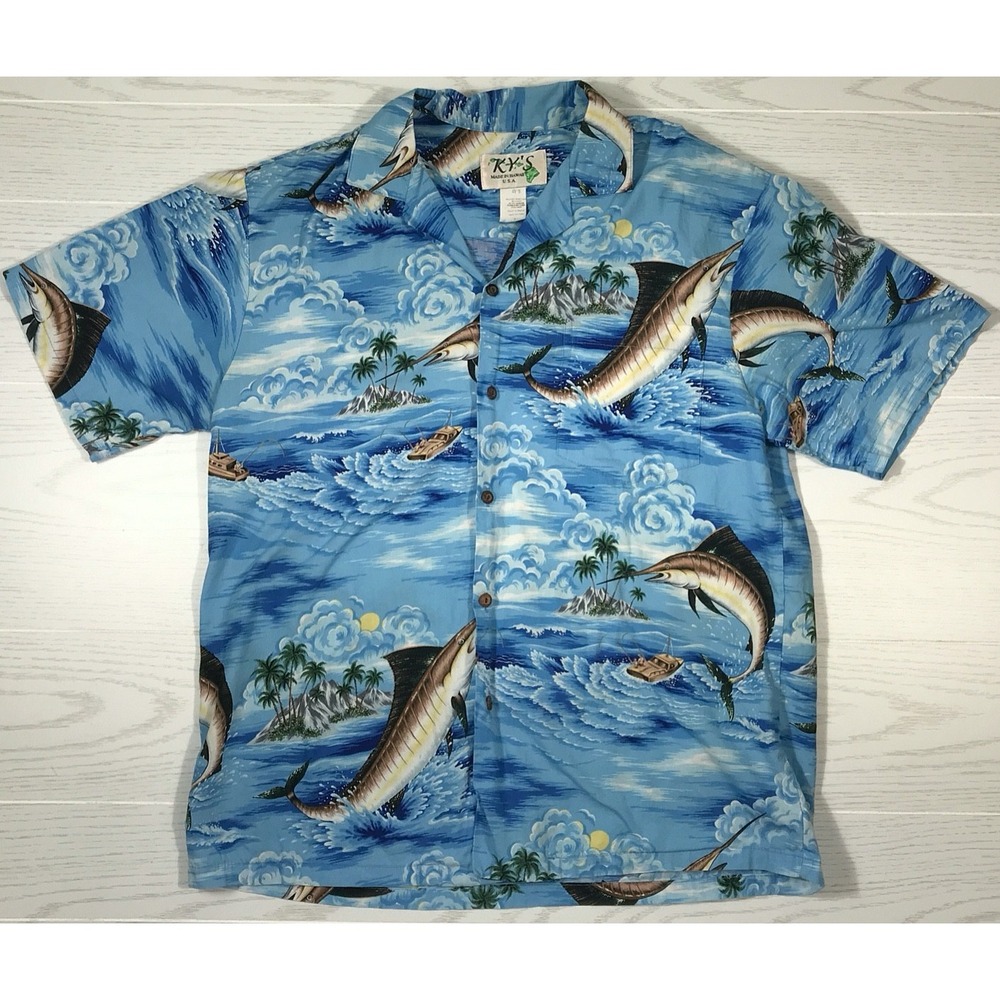 Vintage Hawaiian Shirt Men L KY's Made in Hawaii Blue Marlin Button Up Vacation